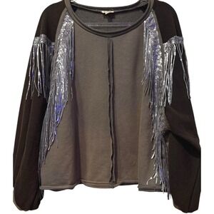 POL French‎ Terry Sequin Silver Fringe Crewneck Sweatshirt Oversized Boho Small